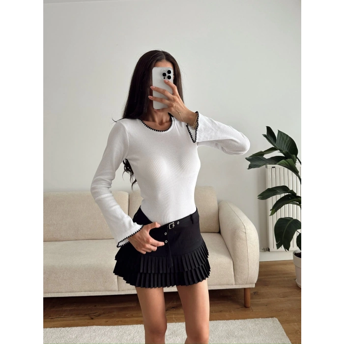 Volan Kol Kontrast Bluz - BEYAZ