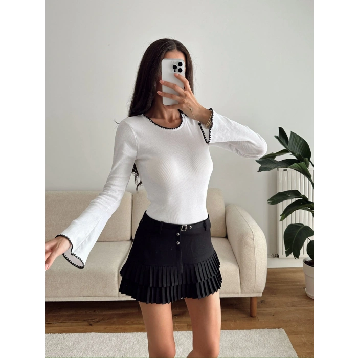 Volan Kol Kontrast Bluz - BEYAZ