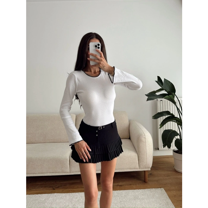 Volan Kol Kontrast Bluz - BEYAZ