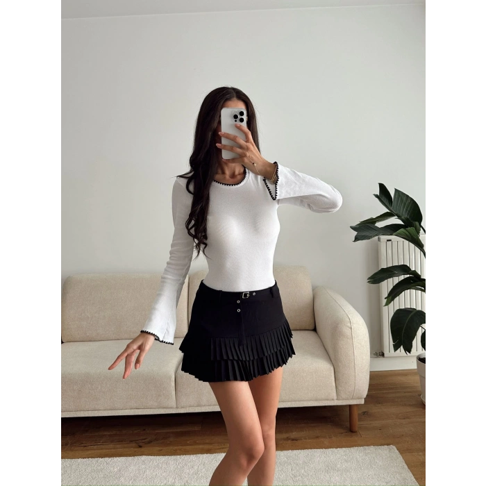 Volan Kol Kontrast Bluz - BEYAZ