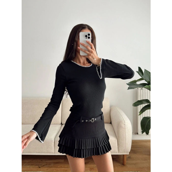 Volan Kol Kontrast Bluz - SİYAH