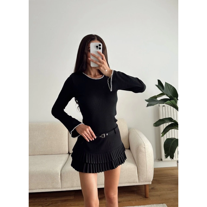 Volan Kol Kontrast Bluz - SİYAH