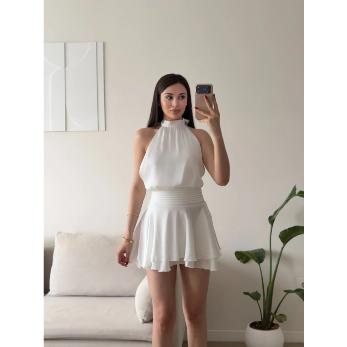 Volanlı Halter Yaka Mini Elbise - BEYAZ