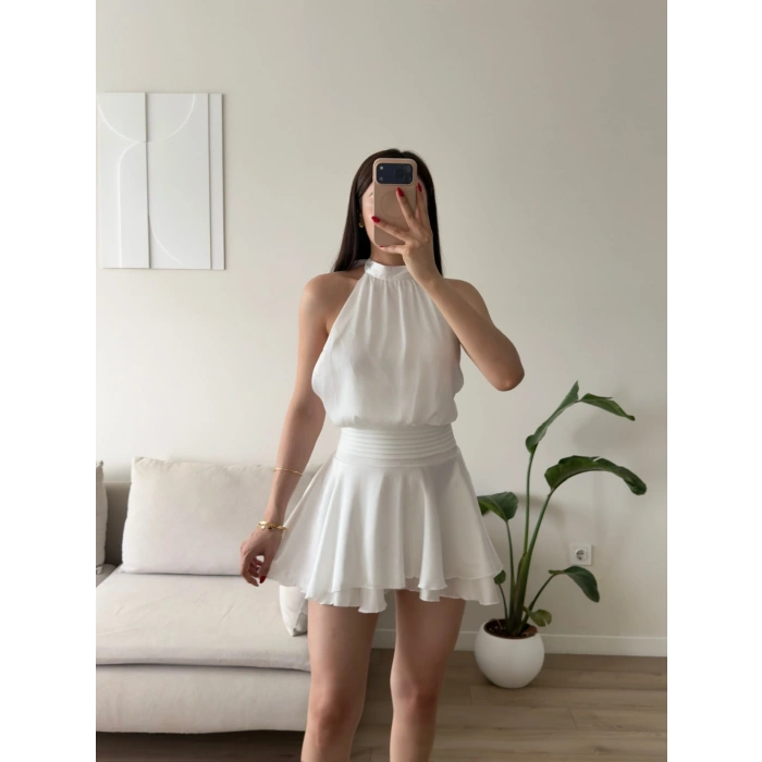 Volanlı Halter Yaka Mini Elbise - BEYAZ