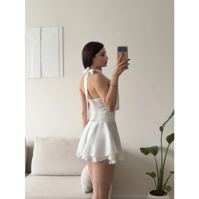 Volanlı Halter Yaka Mini Elbise - BEYAZ