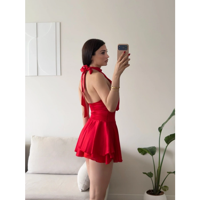 Volanlı Halter Yaka Mini Elbise - KIRMIZI