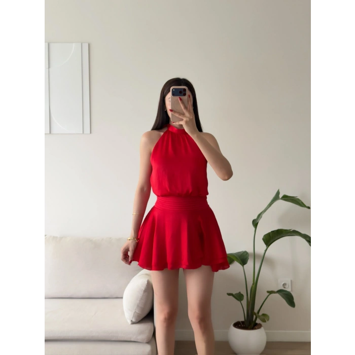 Volanlı Halter Yaka Mini Elbise - KIRMIZI