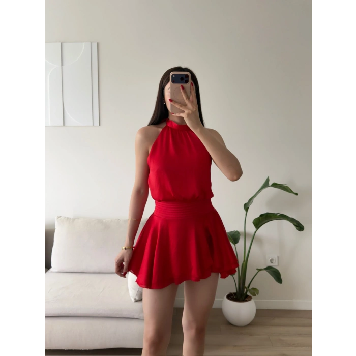 Volanlı Halter Yaka Mini Elbise - KIRMIZI