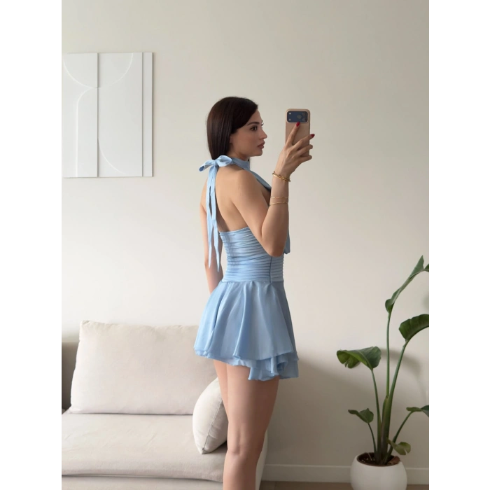 Volanlı Halter Yaka Mini Elbise - MAVİ