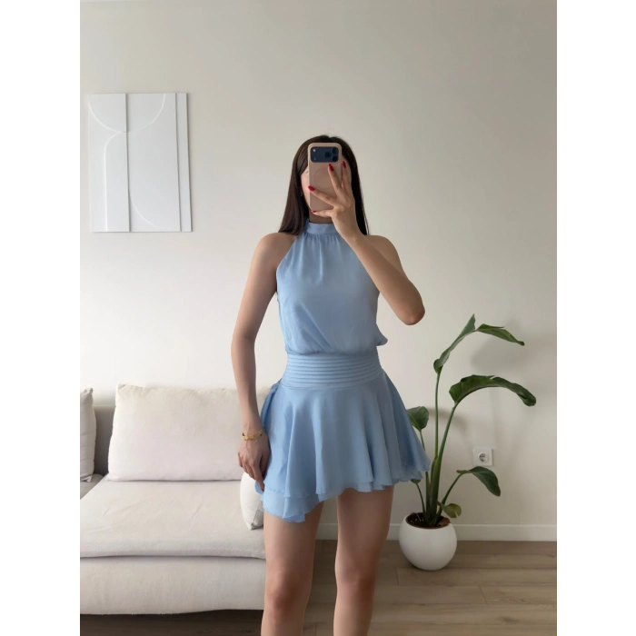 Volanlı Halter Yaka Mini Elbise - MAVİ