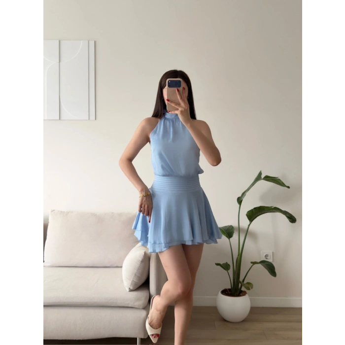 Volanlı Halter Yaka Mini Elbise - MAVİ