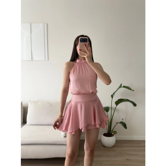 Volanlı Halter Yaka Mini Elbise - PEMBE