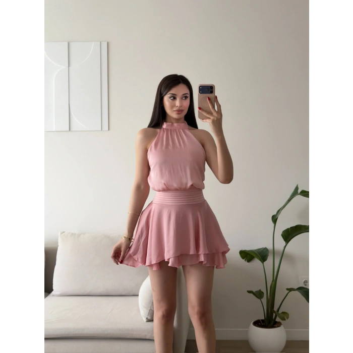 Volanlı Halter Yaka Mini Elbise - PEMBE
