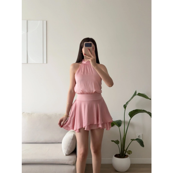 Volanlı Halter Yaka Mini Elbise - PEMBE