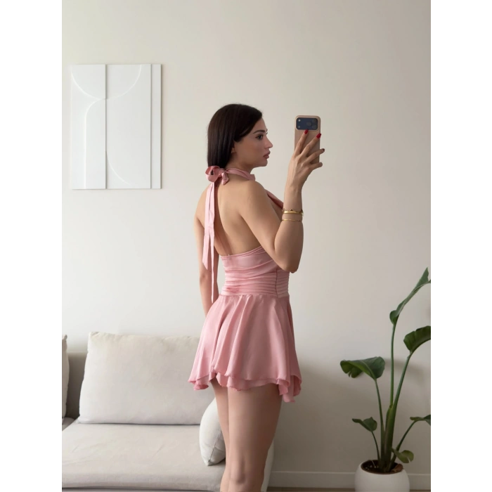 Volanlı Halter Yaka Mini Elbise - PEMBE