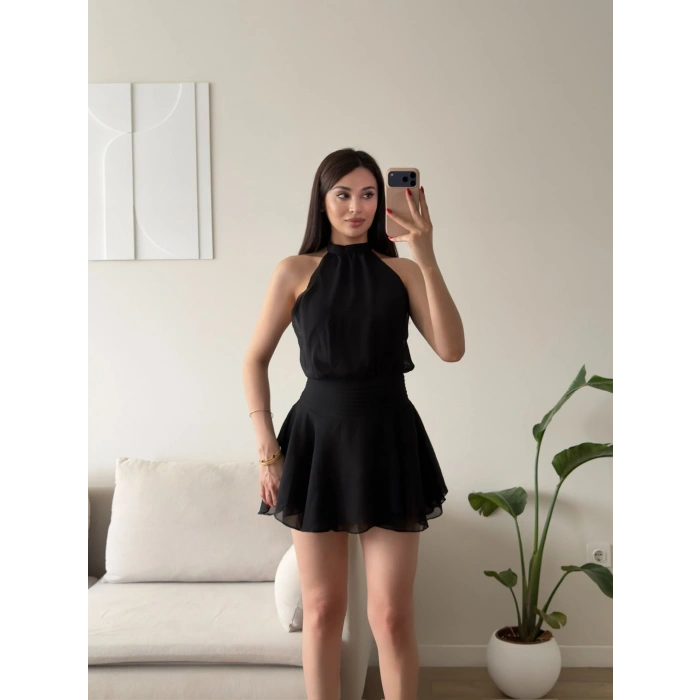 Volanlı Halter Yaka Mini Elbise - SİYAH