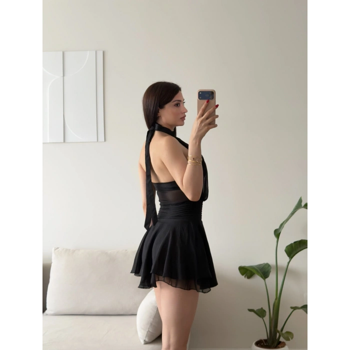 Volanlı Halter Yaka Mini Elbise - SİYAH