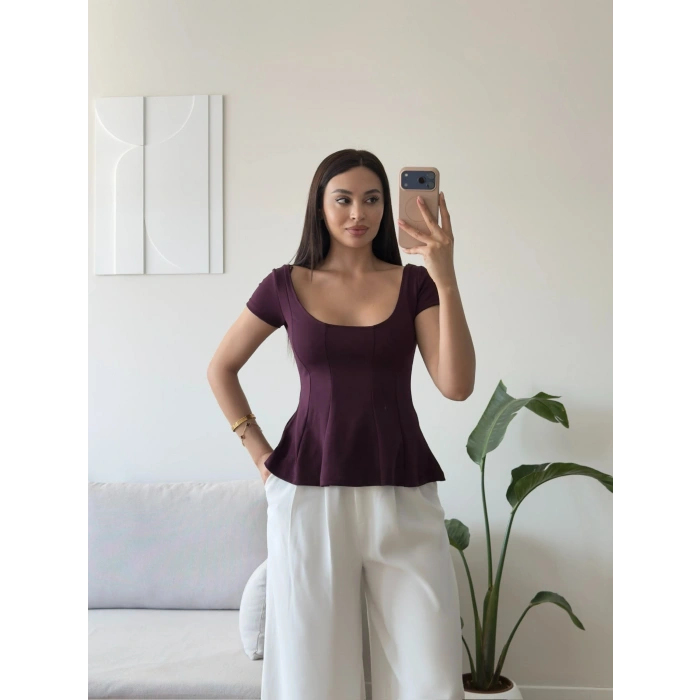 Volanlı Oval Yaka Bluz - MÜRDÜM