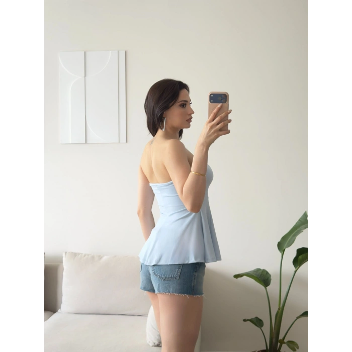 Volanlı Straplez Bluz - MAVİ
