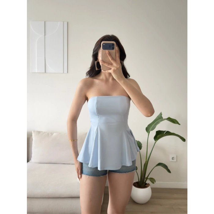 Volanlı Straplez Bluz - MAVİ