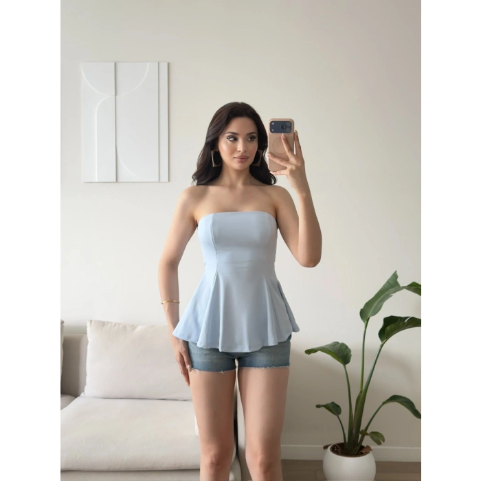 Volanlı Straplez Bluz - MAVİ