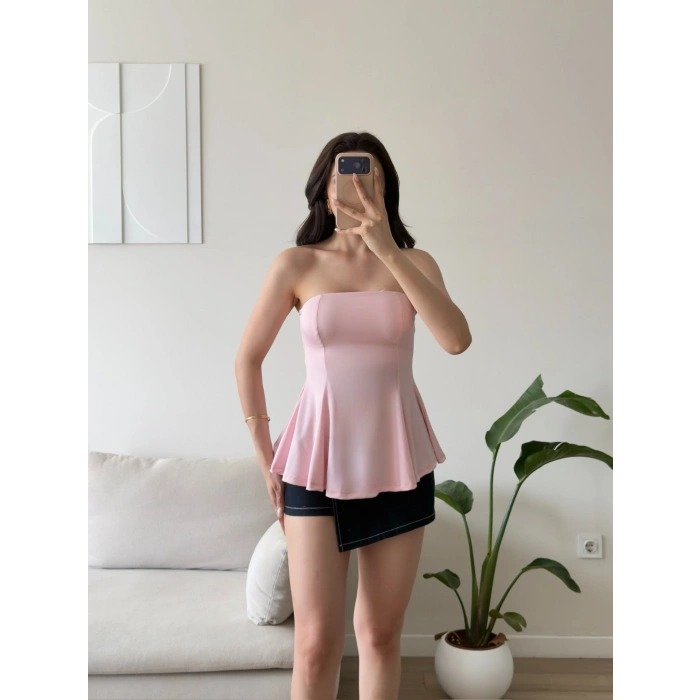 Volanlı Straplez Bluz - PEMBE