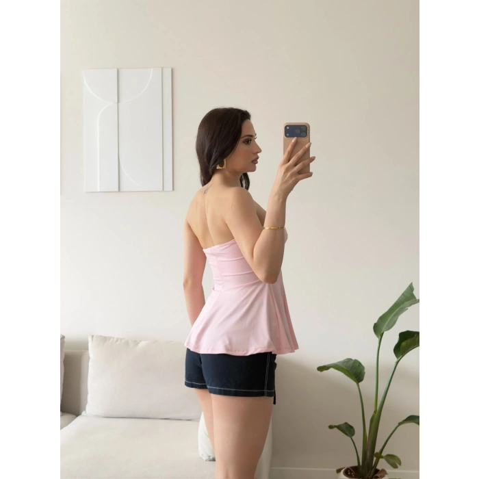 Volanlı Straplez Bluz - PEMBE