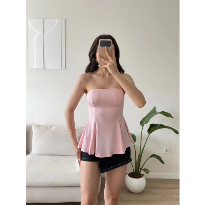 Volanlı Straplez Bluz - PEMBE