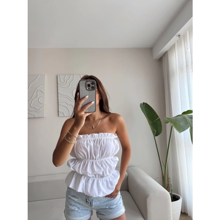 Volanlı Straplez Crop - BEYAZ