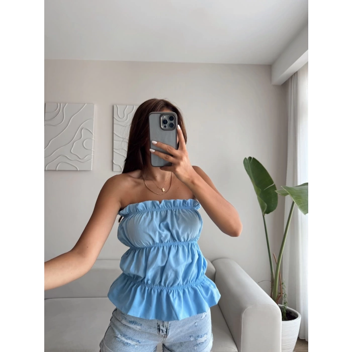 Volanlı Straplez Crop - MAVİ