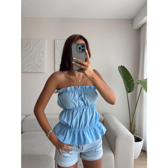 Volanlı Straplez Crop - MAVİ