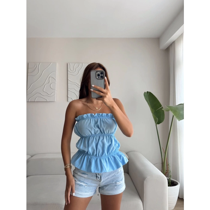 Volanlı Straplez Crop - MAVİ