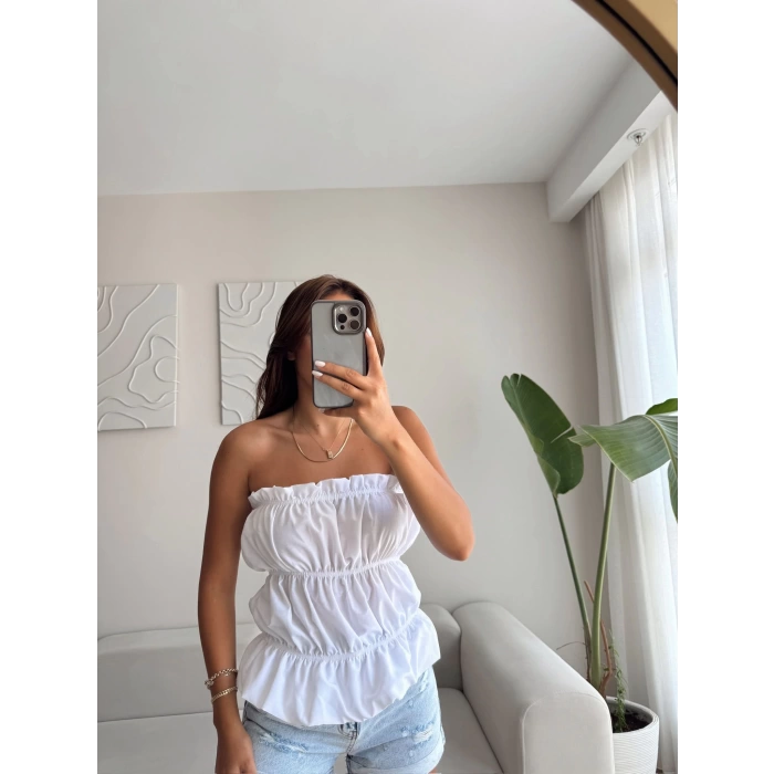 Volanlı Straplez Crop - BEYAZ