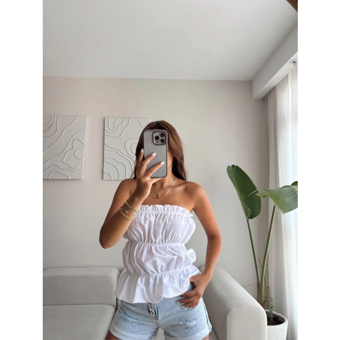 Volanlı Straplez Crop - BEYAZ