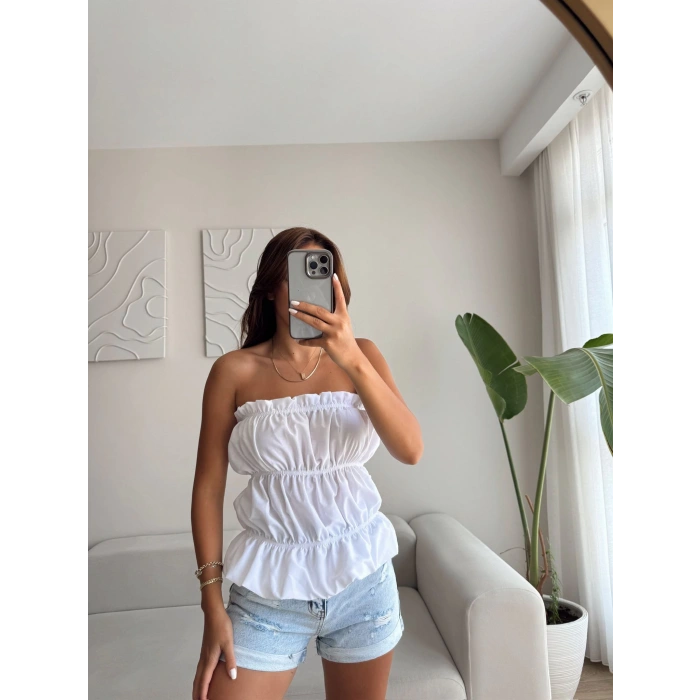 Volanlı Straplez Crop - BEYAZ