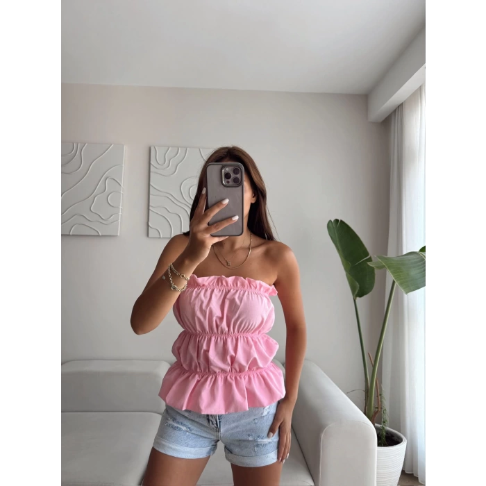 Volanlı Straplez Crop - PEMBE