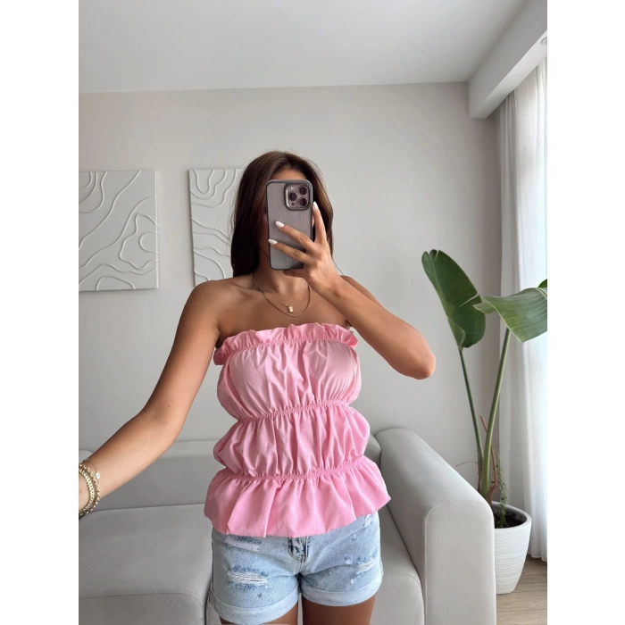 Volanlı Straplez Crop - PEMBE