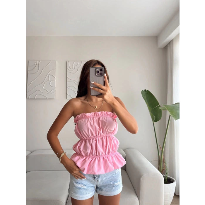 Volanlı Straplez Crop - PEMBE