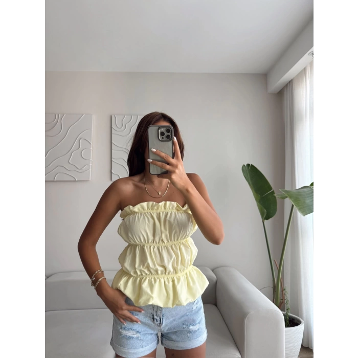 Volanlı Straplez Crop - SARI