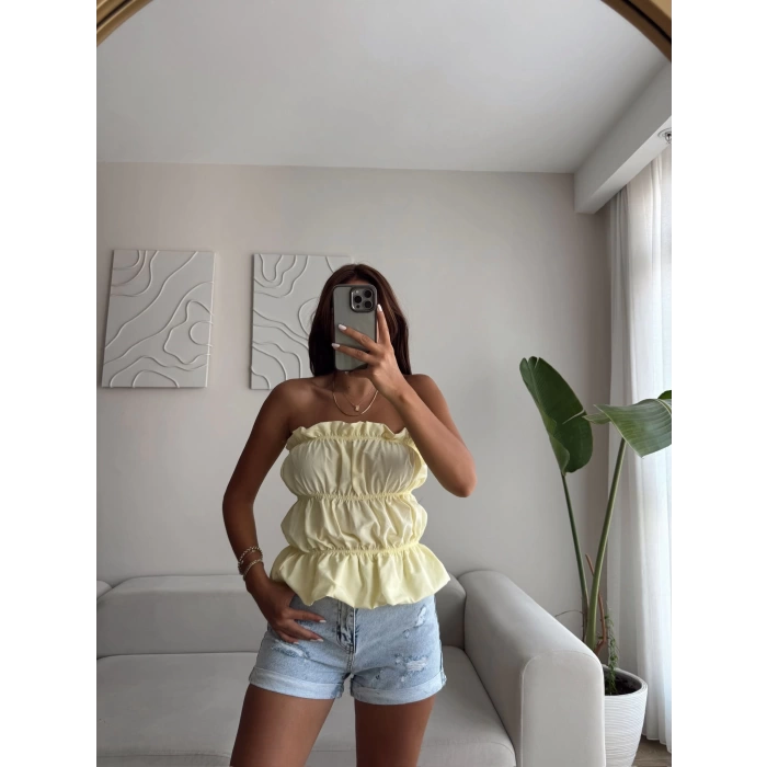 Volanlı Straplez Crop - SARI