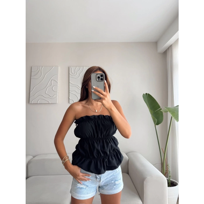 Volanlı Straplez Crop - SİYAH