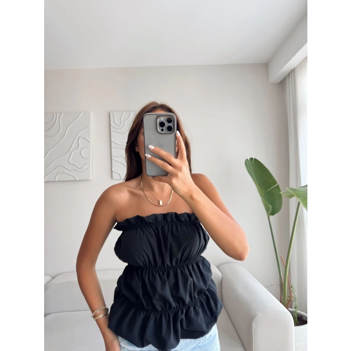 Volanlı Straplez Crop - SİYAH