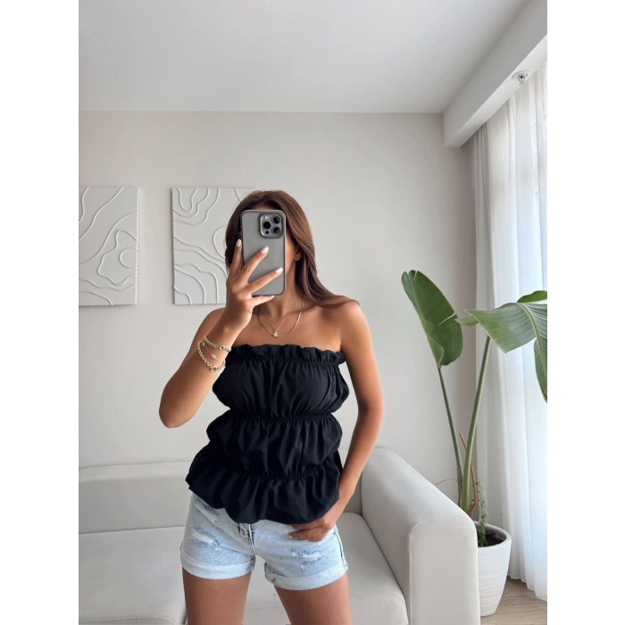 Volanlı Straplez Crop - SİYAH