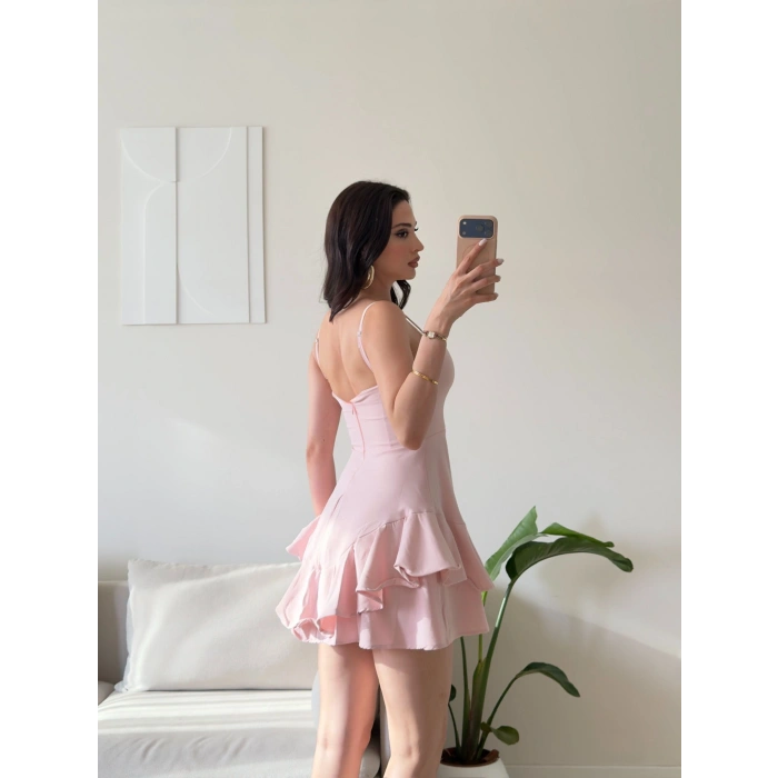 Volanlı Twist Prenses Elbise - PEMBE