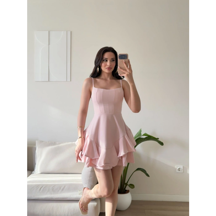 Volanlı Twist Prenses Elbise - PEMBE