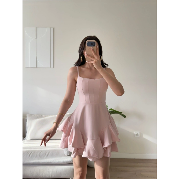 Volanlı Twist Prenses Elbise - PEMBE