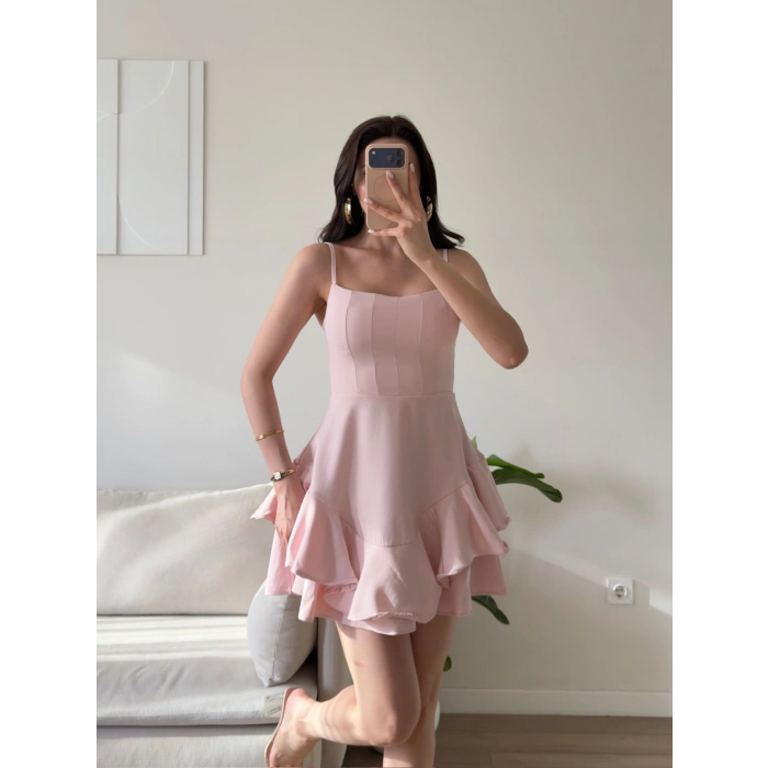 Volanlı Twist Prenses Elbise - PEMBE
