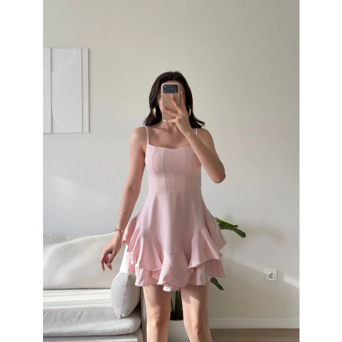Volanlı Twist Prenses Elbise - PEMBE
