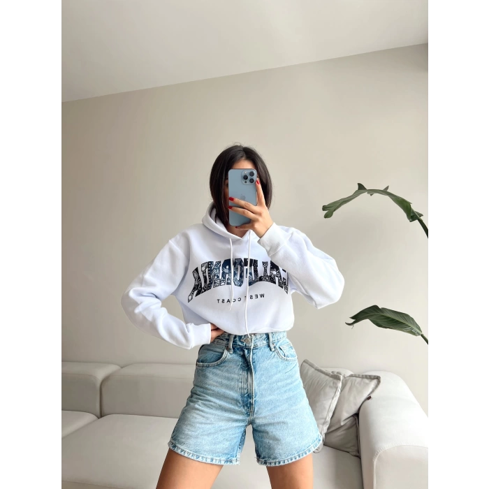 West Coast Crop Sweatshirt-BEYAZ