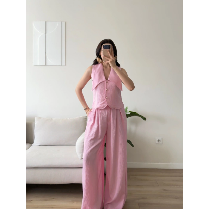Yaka Detay Keten İkili Takım - PEMBE